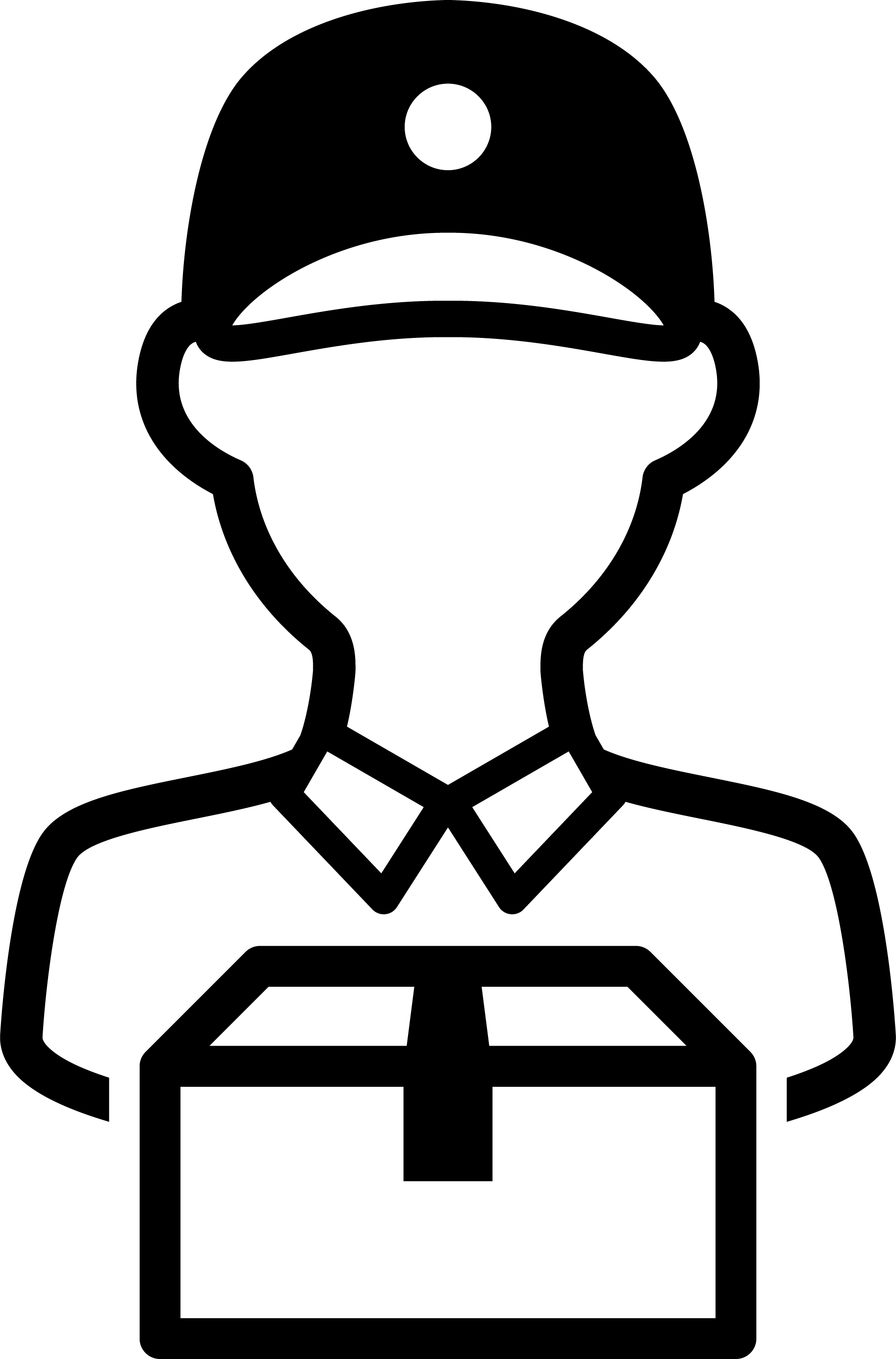 別荘に荷物を届ける配達員を描いたアイコン 段ボールを持って立っている様子